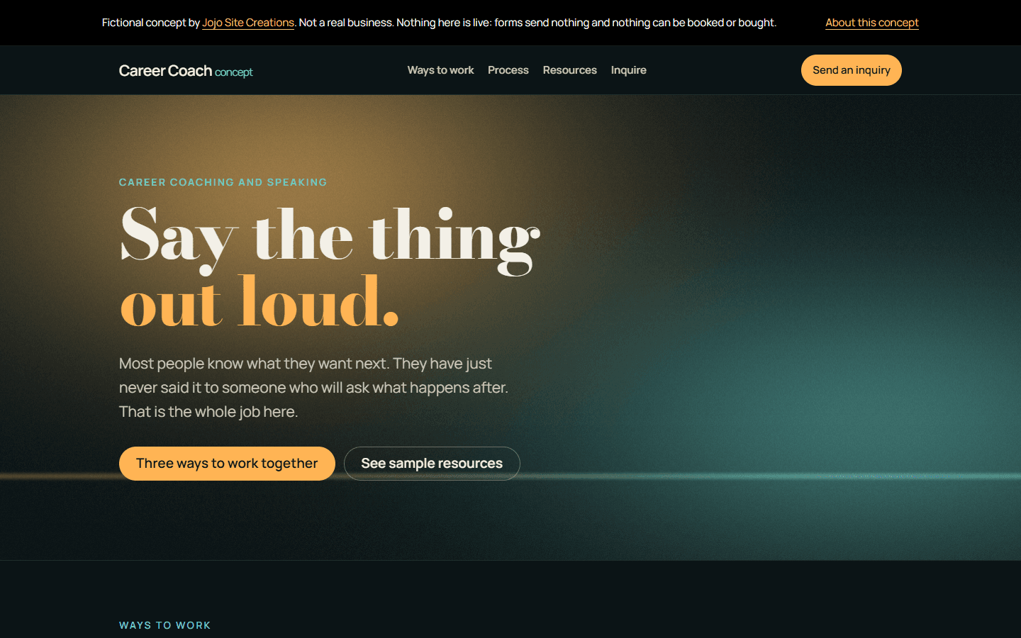 Career Coach Concept homepage: a bold typographic hero reading 'Say the thing out loud' over a dark stage-lit backdrop.