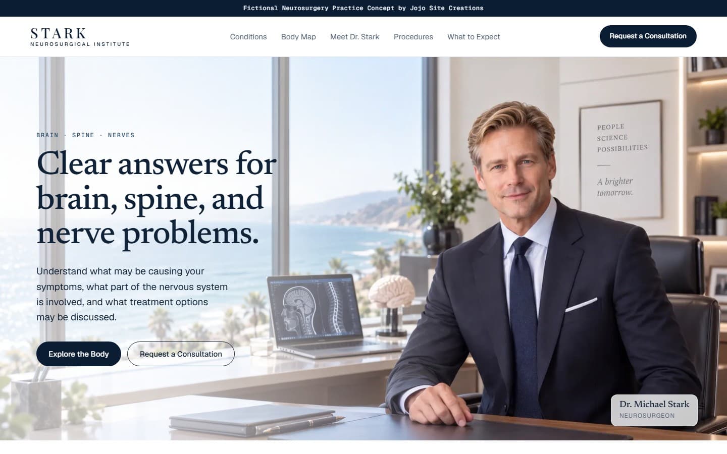 Stark Neurosurgical Institute landing page: the Stark wordmark and a Conditions, Body Map, Meet Dr. Stark, Procedures and What to Expect menu above a hero reading 'Clear answers for brain, spine, and nerve problems', with Dr. Michael Stark photographed at his desk beside an imaging screen.